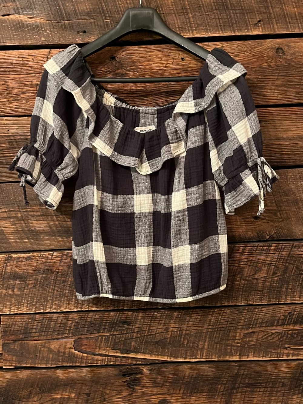 Anthropologie Porridge gingham check cotton gauzy ruffle neck blouse tie sleev - Picture 2 of 6